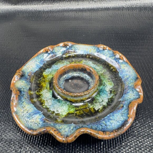 Crystalline Glaze Pottery Ruffle Edge Trinket Dish Tea Light Holder Votive USA - Picture 8 of 11